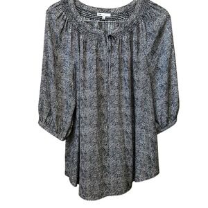 DR2 Womens Plus 1X Black White Abstract Chevron Split Neck Tie Blouse